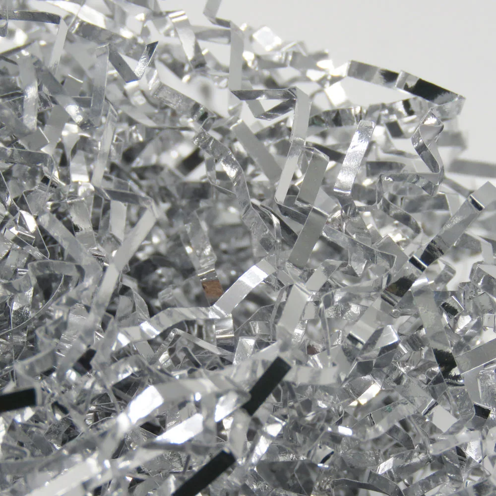 iridescent mirror foil mylar silver color crinkle strip small pieces shredded paper stuffing material metallic shred