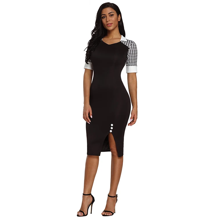 
Womens Houndstooth Patchwork Office Bodycon Dress 