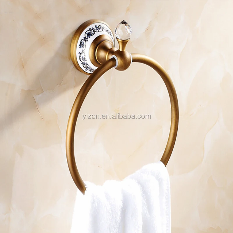 
Wholesale And Retail Antique Brass Crystal Ceramic Style Towel Ring Wall Mounted Bath Towel Rack Round Tower Hanger Hook 