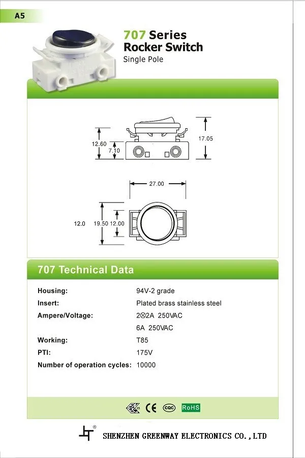 Greenway 707 Rocker switch t85 for closet lamp 6A