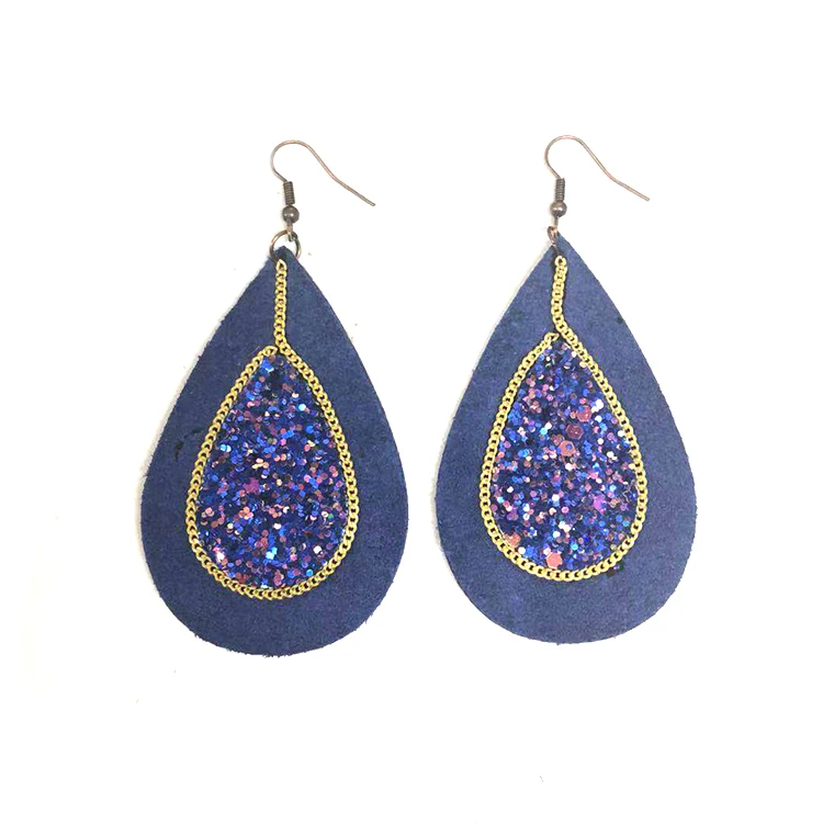 Colorful Long Fashion Cork Dangle Leather Glitter Chain Teardrop Leather Earrings