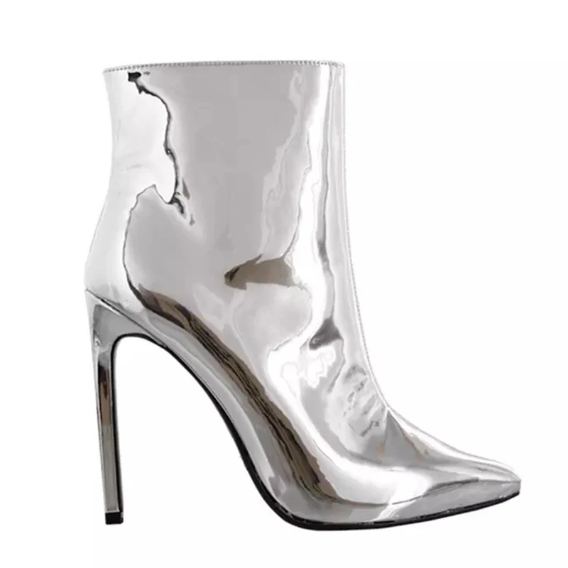WETKISS Plus Size 45 Fashion 4 inch Stiletto Heels Booties Glossy PU Gold High Heel Boots Ladies Ankle Boots Women Winter Boots