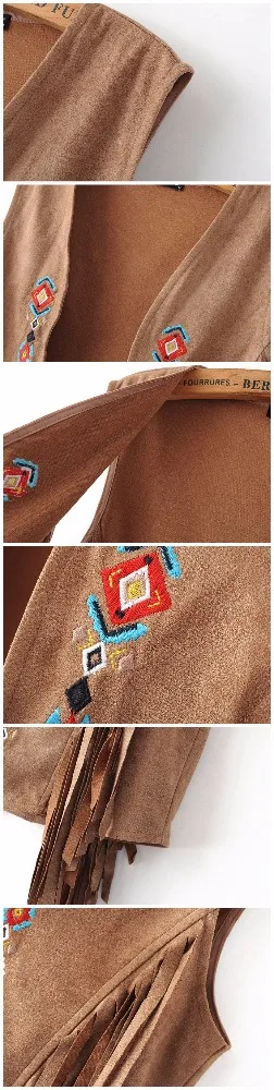 
women ethnic style ethical embroidery fake suede vest with fringes 