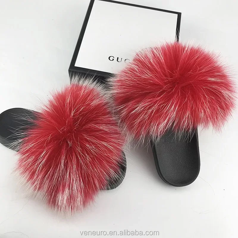 
Ladies Fashion Indoor Sandals Slides Wholesale Furry Women Raccoon Soft Fur Slide Slippers 