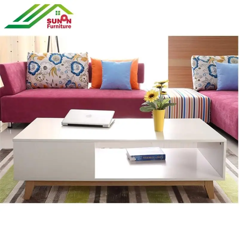 Недорогой белый кофейный столик с высоким блеском из МДФ 4