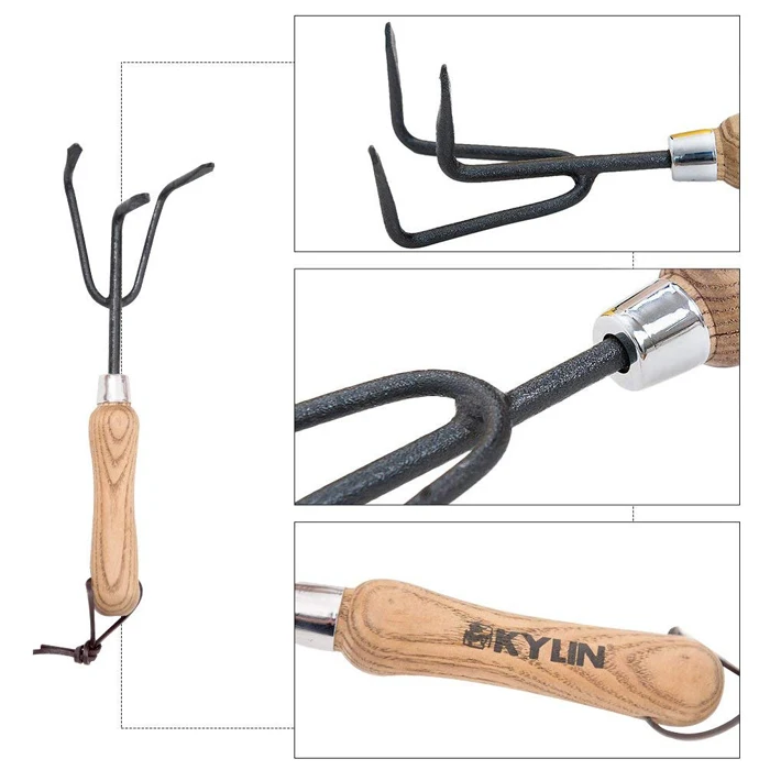 High Quality Garden Hand Tools Set-Include Garden Hand Trowel and Gardening Rake with Wood Handle/Leather Hanger