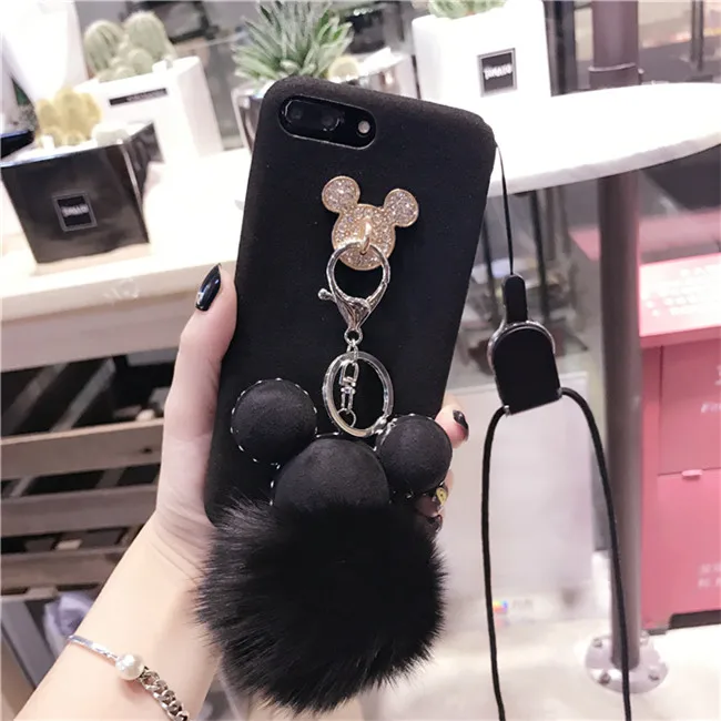 Luxury Diamond Plush Cartoon Mouse Rabbit Fur Ball Tassel Soft Tpu Case with Lanyard for Iphone7/7plus/6/6plus