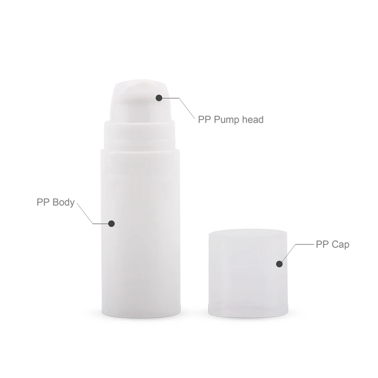 Free sample white 5ml 10ml 15ml pcr airless pump bottle cosmetic,all plastic pp airless lotion pump bottle,garrafa sem ar