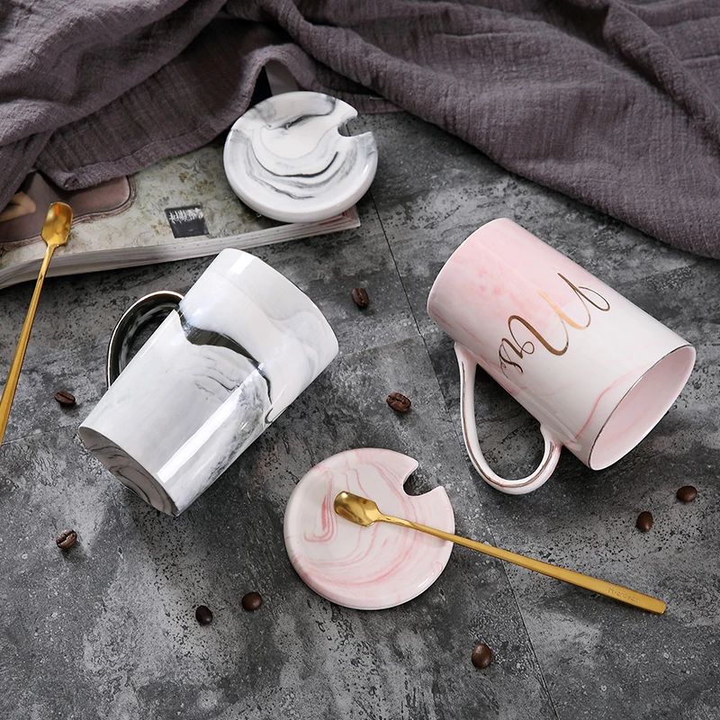 12oz high quality colourful marble style tall ceramic mug coffee cup with gold rim handle and lid sets