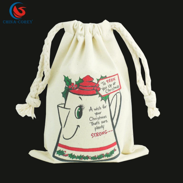 OEM standard customized size christmas cotton canvas drawstring tote santa sack gift bag