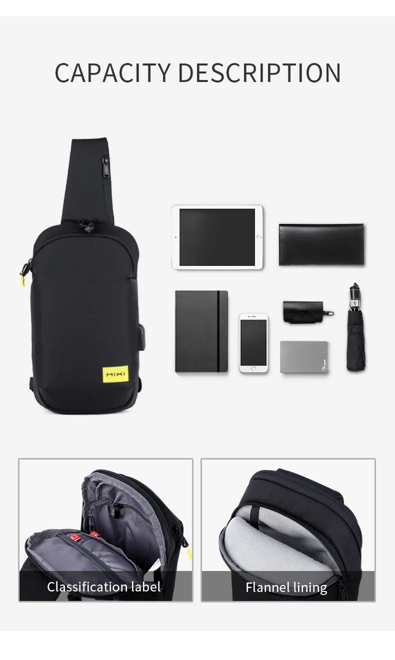 MIXI Wholesale Waterproof Men Anti-theft Messenger Shoulder Chest Crossbody Bag Side Sling Bag with USB