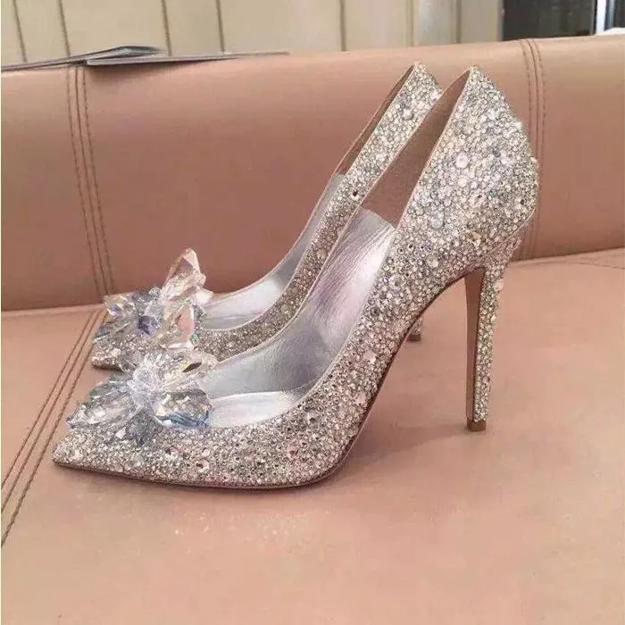ZH0403X Top Grade Cinderella Crystal Shoes Bridal Rhinestone Wedding Shoes With Flower Genuine Leather