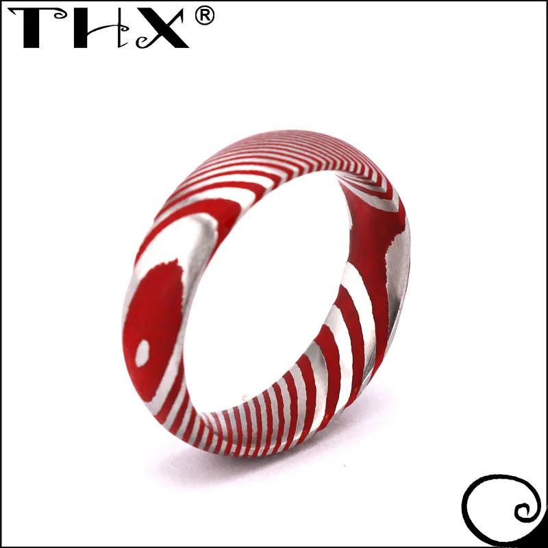 Custom Made Band Marbled Kuro Damascus Steel and Red Cerakote Ring