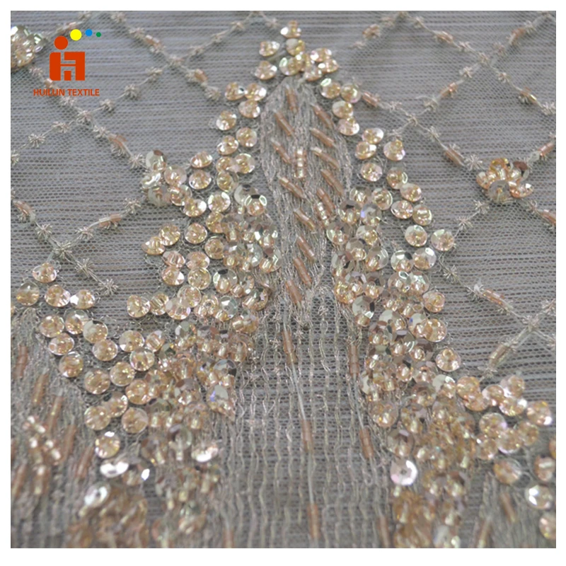 HLSD176 Luxury Tulle Lace Fabric Sequin Embroidery Beaded Lace Fabric On Polyester Mesh With Embroidery