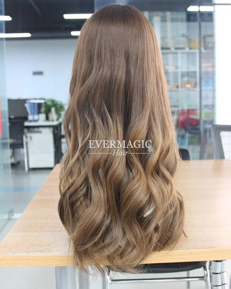 Ombre Brown Color lace front virgin hair wigs Natural Wave long layer Jewish Wigs