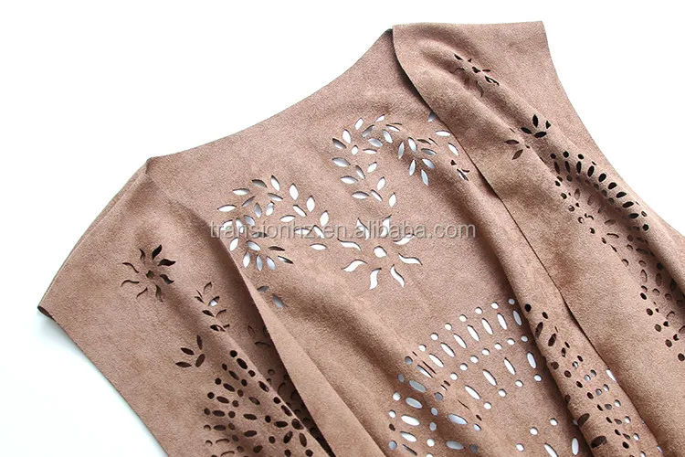 
women fashion laser engraving fake suede vest with fringes at bottom 