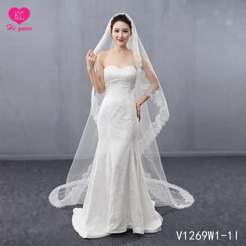 V1269W1-1 church long veil lace trim