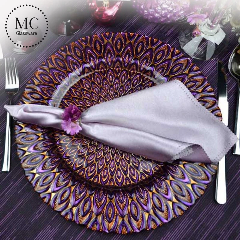 13 inch Cheap Decorative Wedding Events Catering Purple Peacock Charger Plates Wholesale