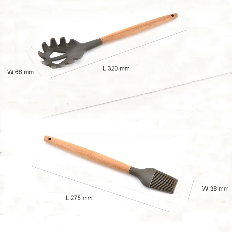 Kitchen ware spatula set 9 pieces natural beech wooden kitchen utensil set silicone cooking utensil set