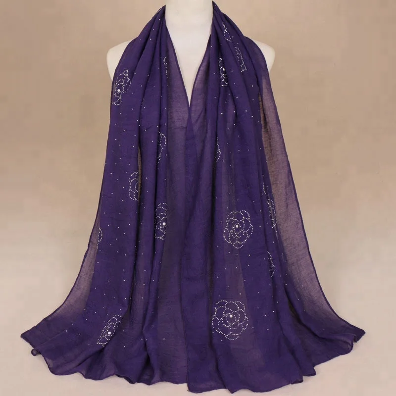 Wholesale Dubai Muslim Flower Pattern Mosaic Diamond Solid Color Elegant Women Instant Hijab Headscarf Shawl Scarf
