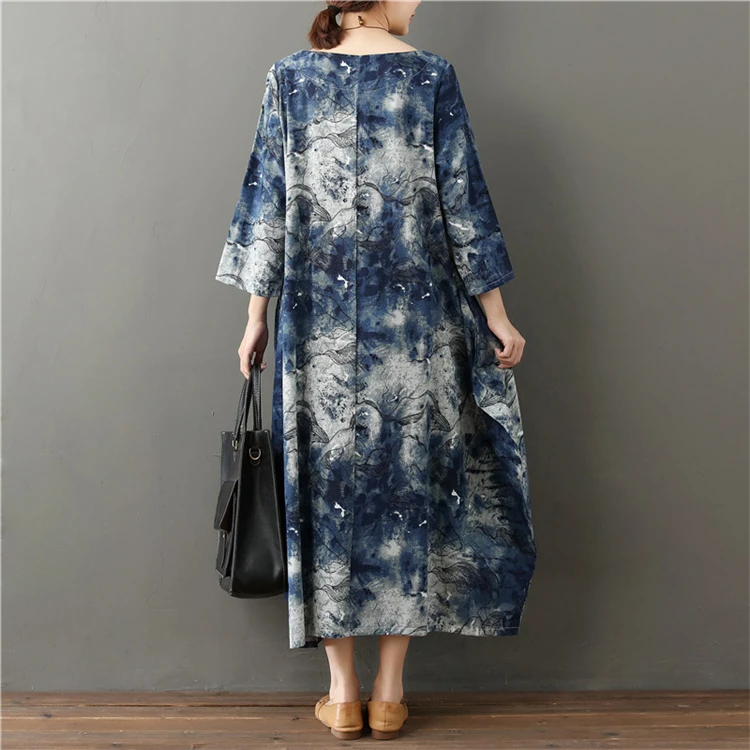 
Long Loose Women Print Linen Dresses in Stock 