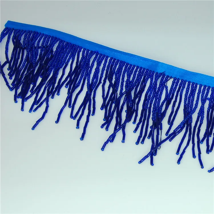 Wholesale blue ribbon bugle tassel trimming beaded fringe for dress costume