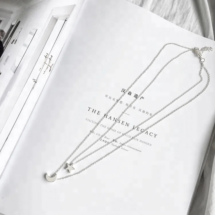 Korea fashion design alloy star moon pendant two layered necklace