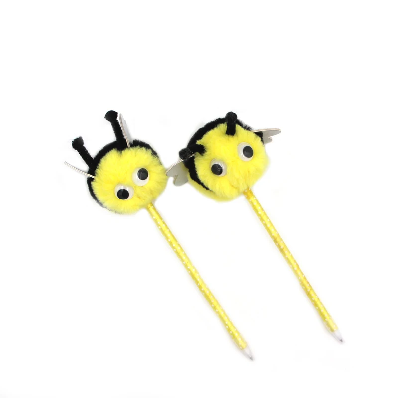 
novelty funny yellow honey bee shape pom pom ball pen for kids lovely cartoon honeybee fuzzy pen 