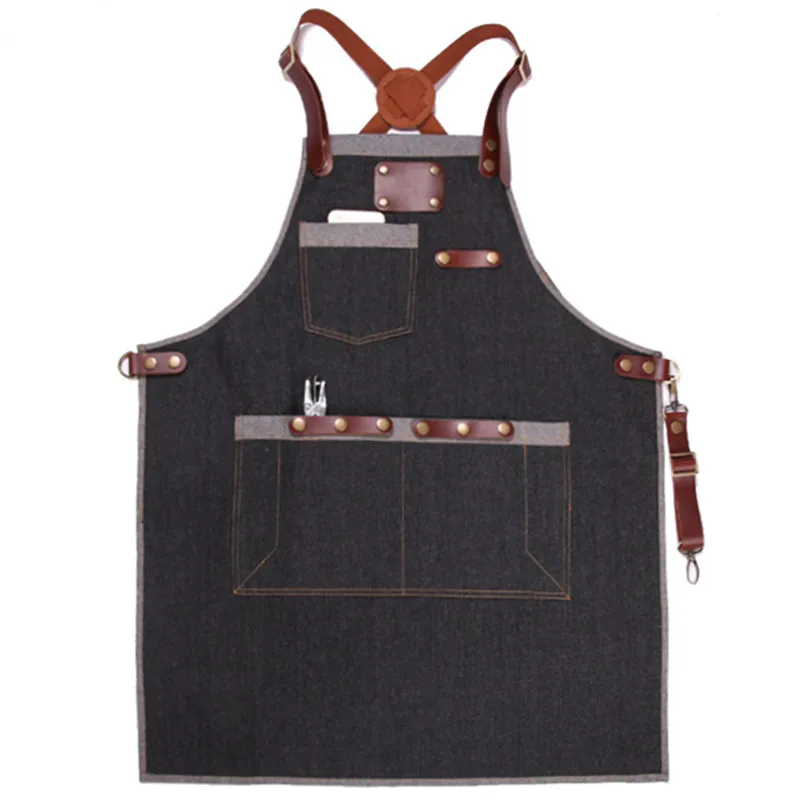 
Wholesale Black Denim Long Apron with Leather Strap adjustable apron for restaurant 