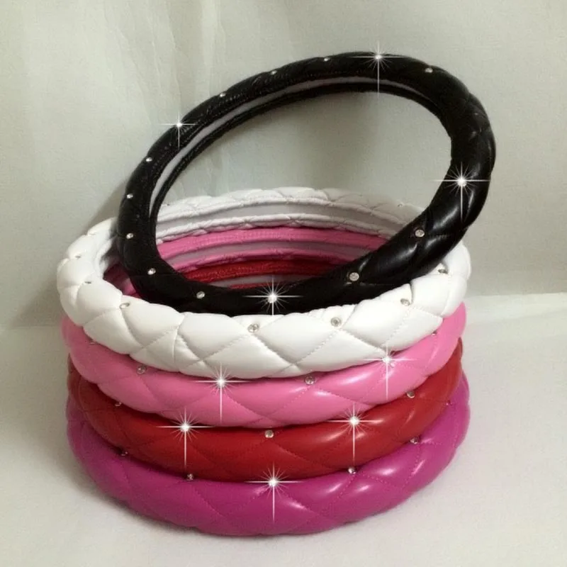 
Leather Bling Fluffy Rhinestone Steering Wheel Covers Pink Car Interior Accessories For Girls Women 