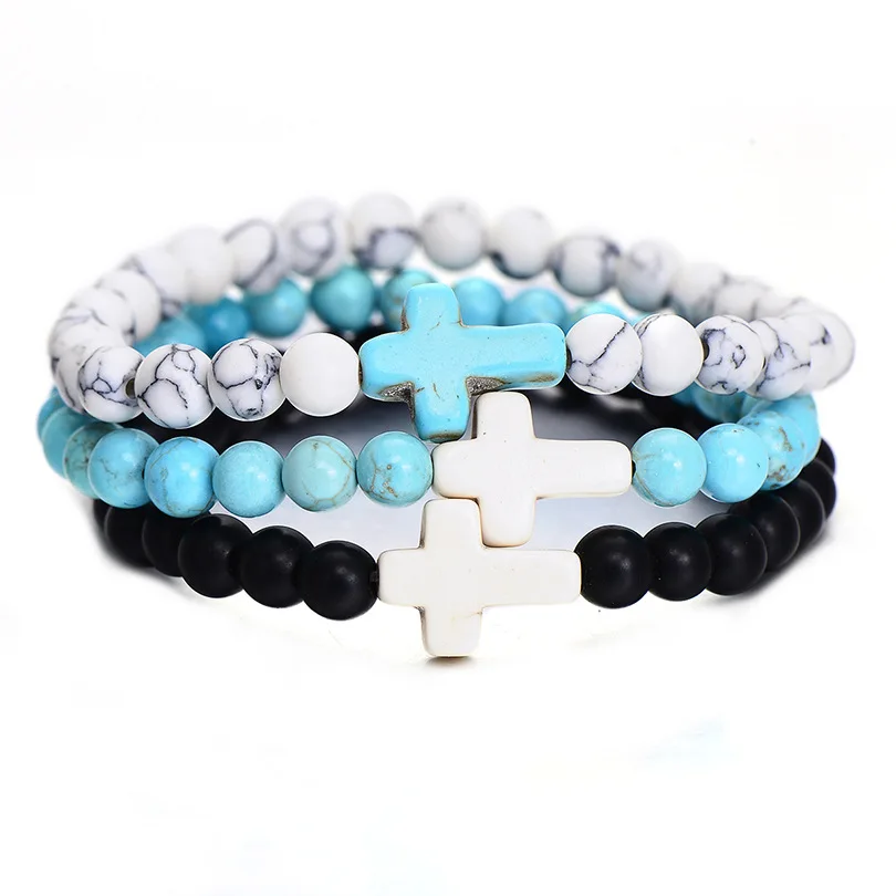 Natural Lava Stone Bead Turquoise Bracelets Beaded Cross Rosary Christian Agate Bracelet