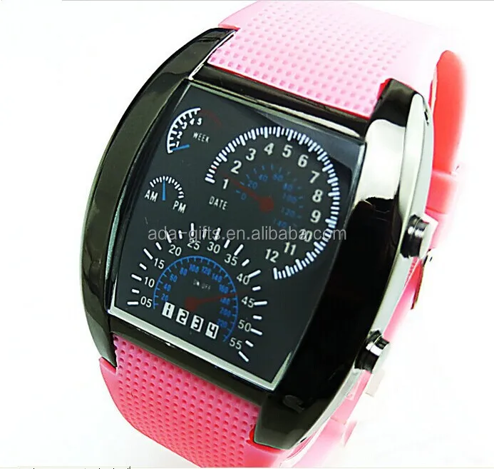 2016 fashion mirror led watch flash blue white light pu sport led watch