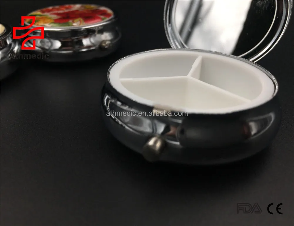
2021 Athmedic food grade 3 case round circle mirror jewelry promotional mirror decorate metal pill case box 