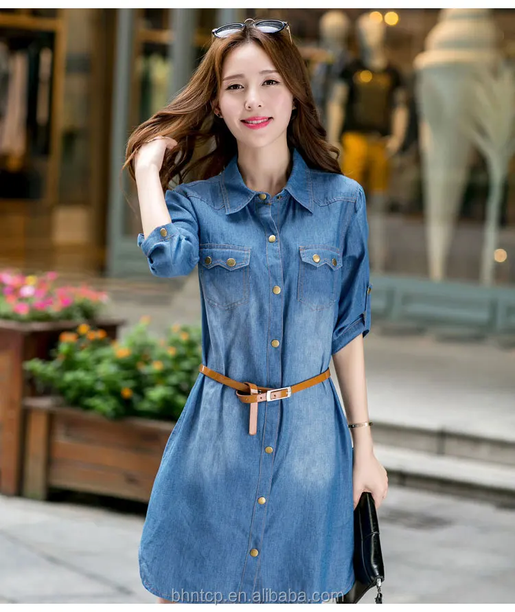 Bhnb9828 дамы мода свободного покроя демин платье с поясом на складе доступны одежды производства в китае