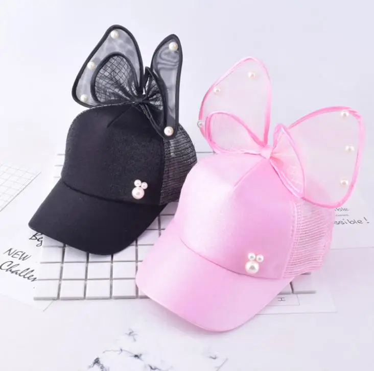 
Spring Summer Children Baseball Cap Girls Snapback Hip Hop Caps Rabbit Ear Pearl Big Bow Kids Sun Visor Hat 