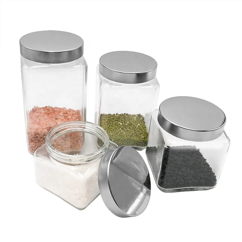 square shape storage empty glass jar for food with metal screw