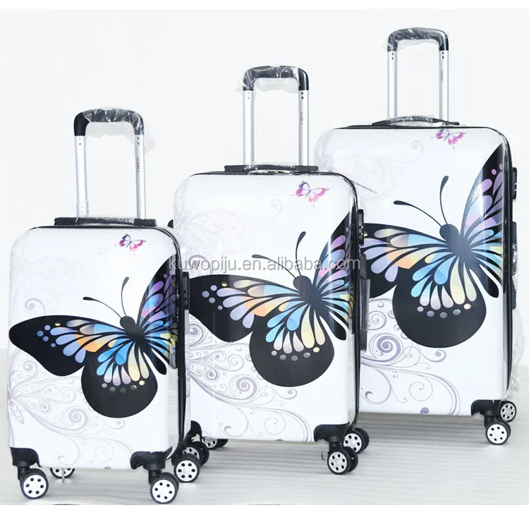 3 PC Hard Shell 4 Wheels butterfly printed on suitcase ABS PC butterfly print luggage