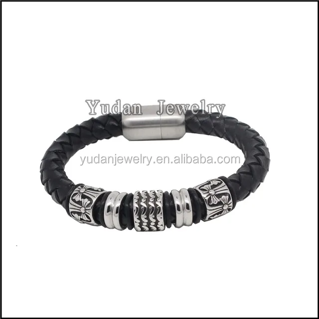 Yudan Jewelry Titanium Steel Cross Religious Jewelry Leather Bracelet