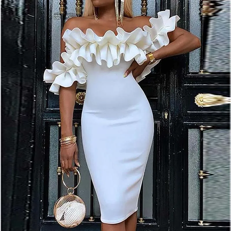 Women Off Shoulder Ruched Design Bodycon DressShort Sleeve ruffles back zipper closure party wedding  banquet cocktail dresses