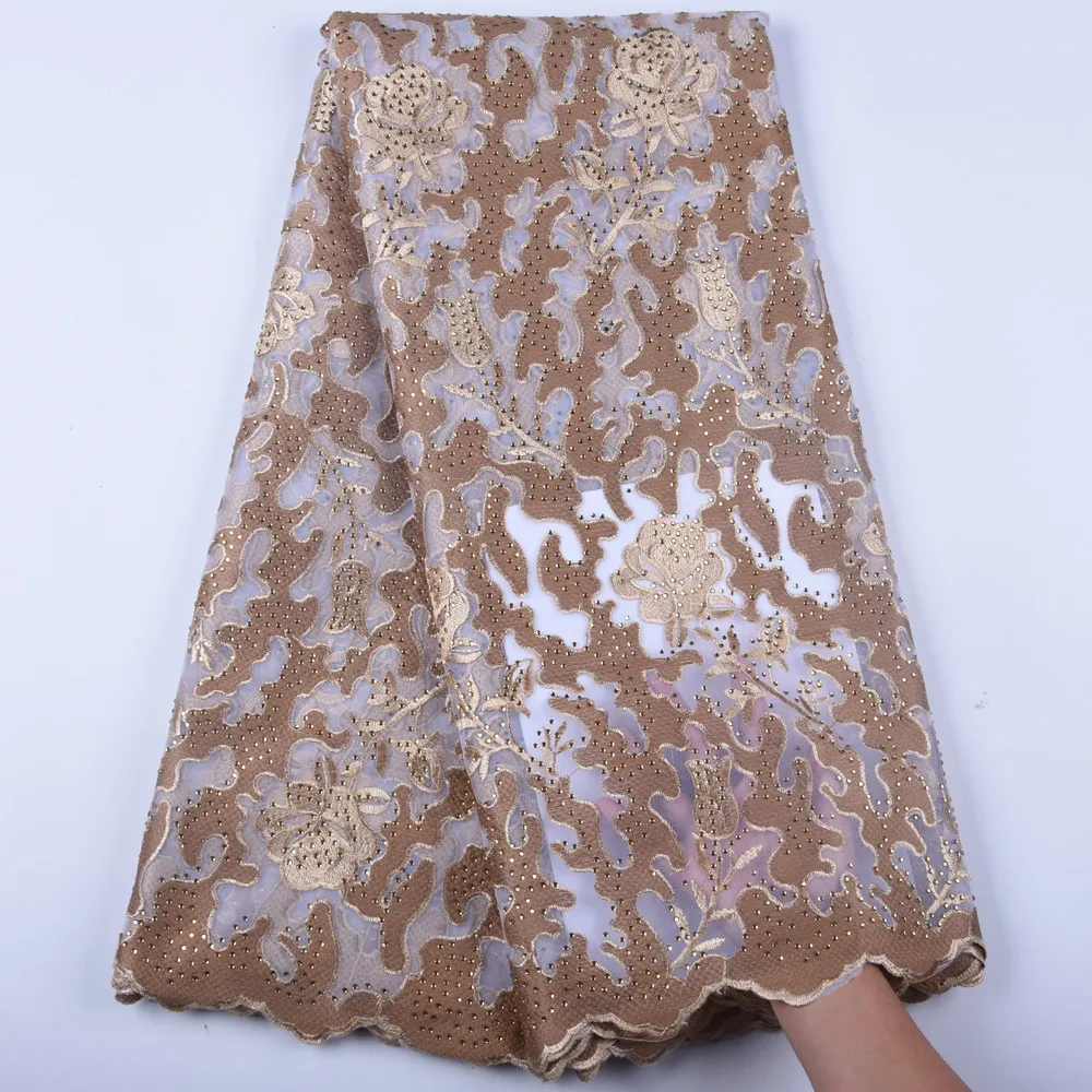 Gold Beaded Sequined Lace Fabric For Nigerian Women Party Dresses High Quality African Lace Fabric With Rhinestones  1601