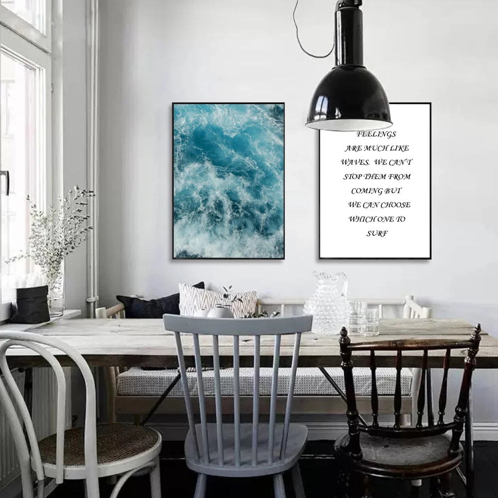 Unframed Nordic Style Canvas Print Painting Posters of Sea Water Waves and Quote,Wall Pictures For Living Room