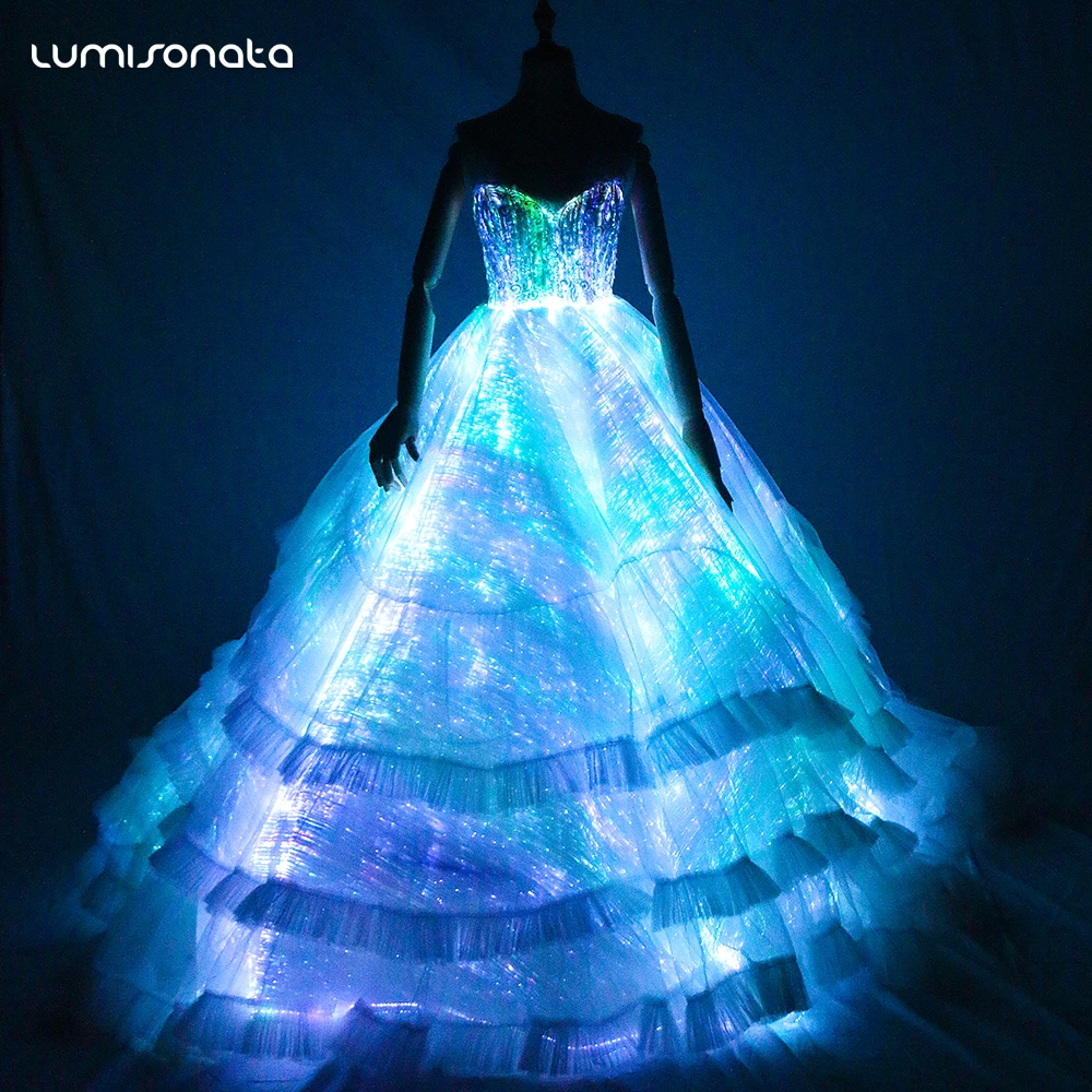 Customized unique design fiber optic wedding dress bride luminous wedding dress led dress for sale