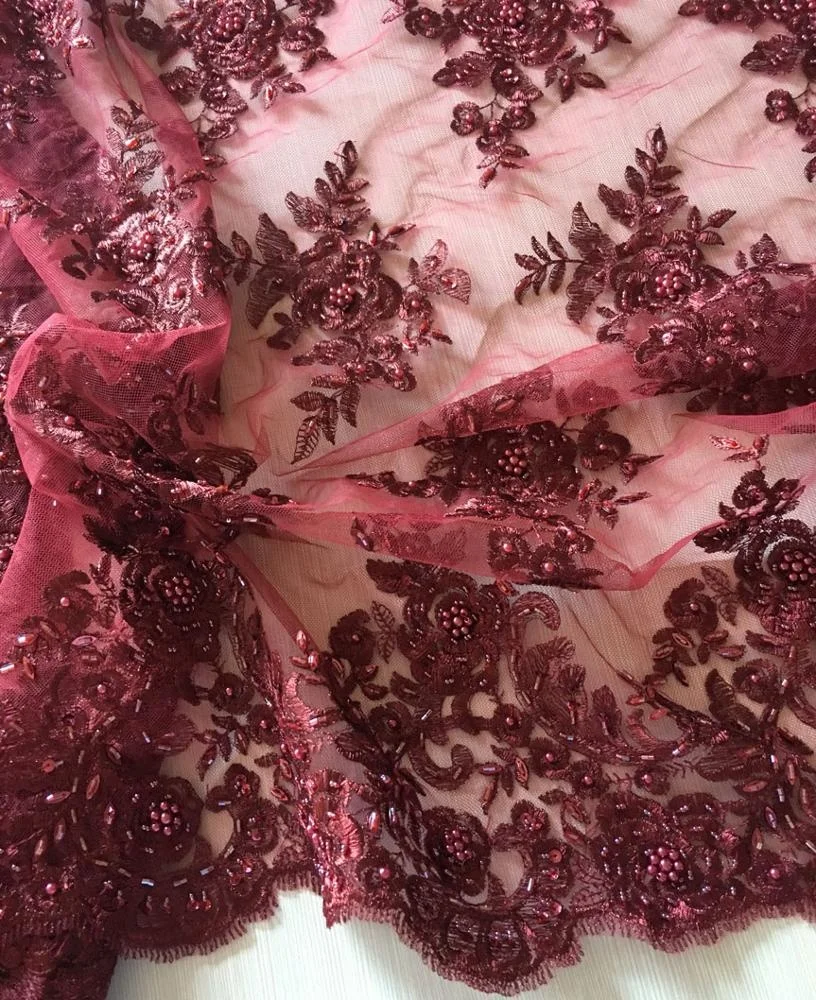 top fashion burgundy beaded tulle lace fabric for dress, metallic hand embroidered fabric