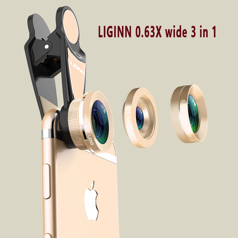 LIGINN 2020  3 in 1 kit 0.63X wide-angle 15X macro 198 degree fisheye cell phone camera lens