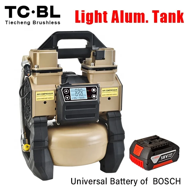 portable brushless silent mini dc cordless pneumatic oil free air tire inflator pump for car compressor 18V 5L alum. tank