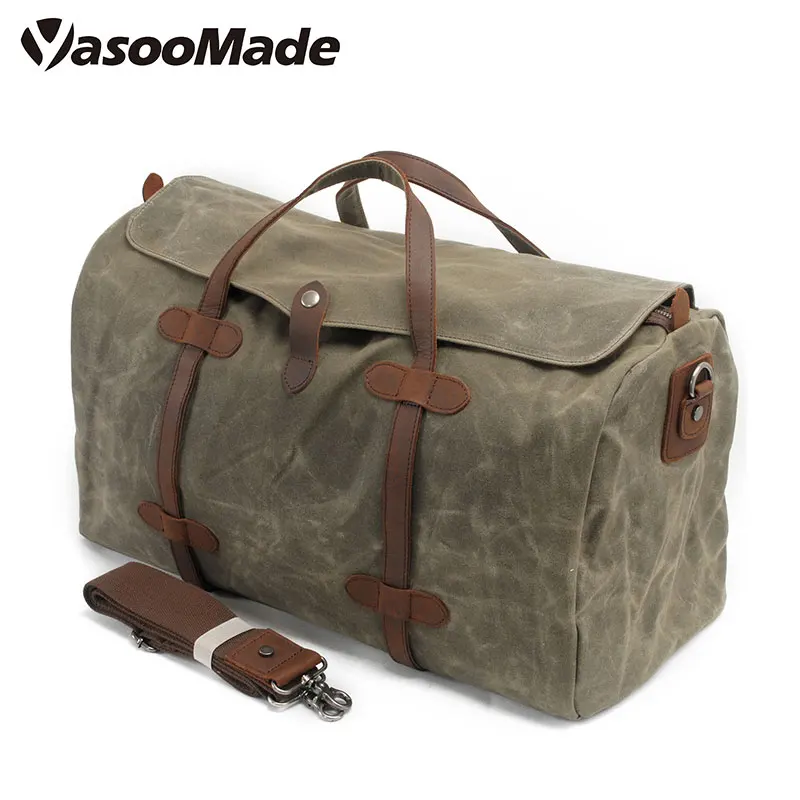 2021 Waterproof large capacity bolso lona encerada de waxed canvas duffel leather mens overnight weekender duffle travelling bag