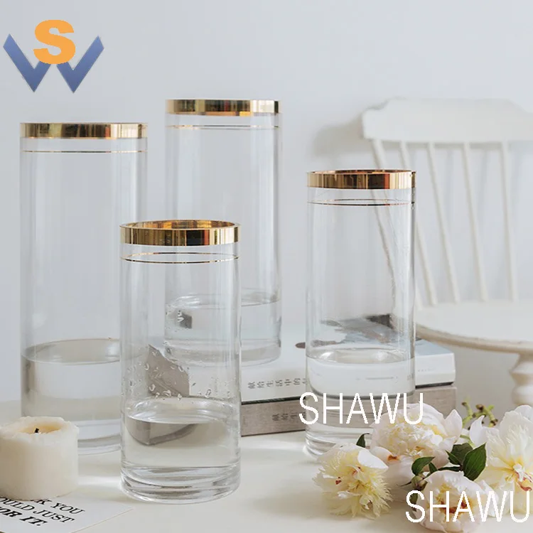 wholesale wedding cheap flower cylinder glass vase with gold rim for decoration