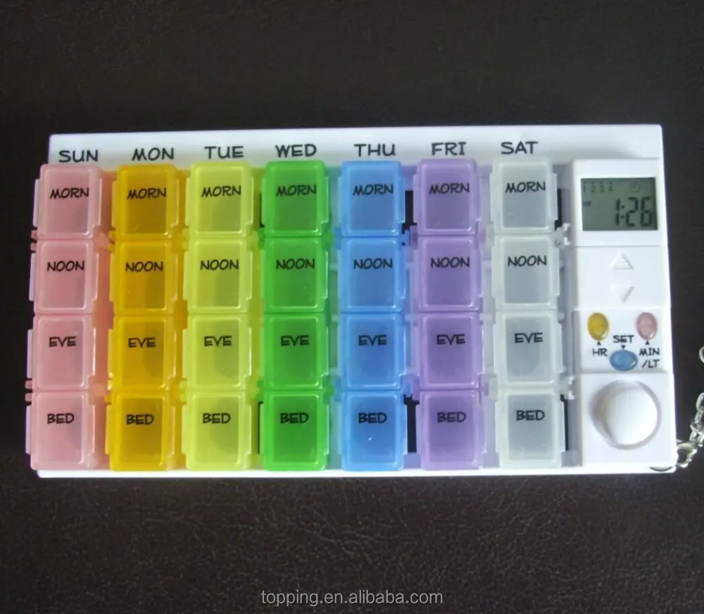 colorful weekly pill reminder with 7 days 28 cmpartments dispenser