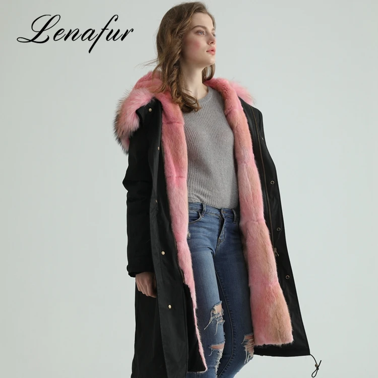 Оптовая Продажа Модные черные женские парка натуральный розовый мех норки внутри енота парка с меховым воротником пальто