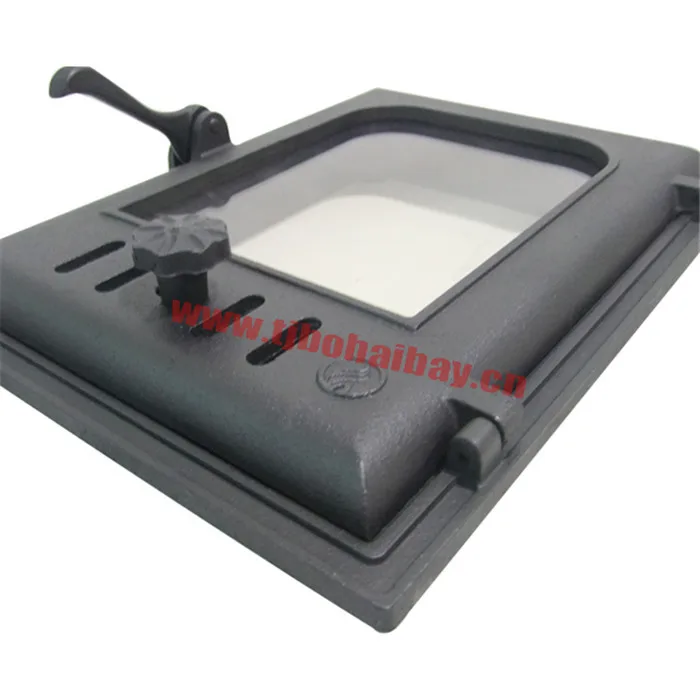 Cast iron stove door with high temperature resistant glass